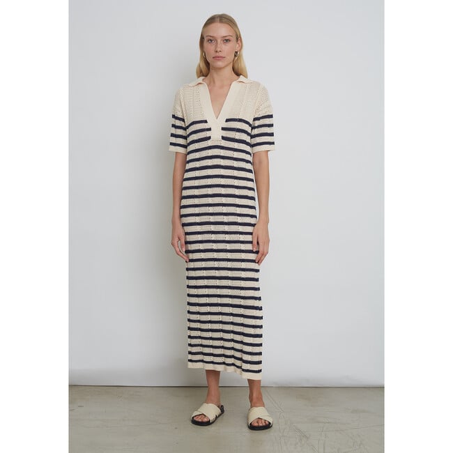 Women's Emmie Stripe Dress, Ivory and Navy Stripe - Dresses - 3