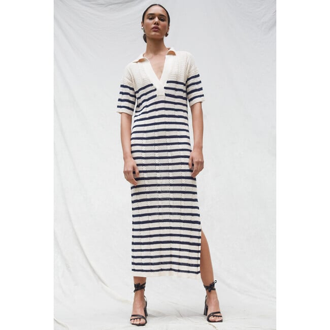 Women's Emmie Stripe Dress, Ivory and Navy Stripe - Dresses - 7