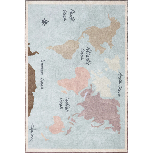 Washable Rug Vintage Map, Multi. 6' 7" x 9' 10"