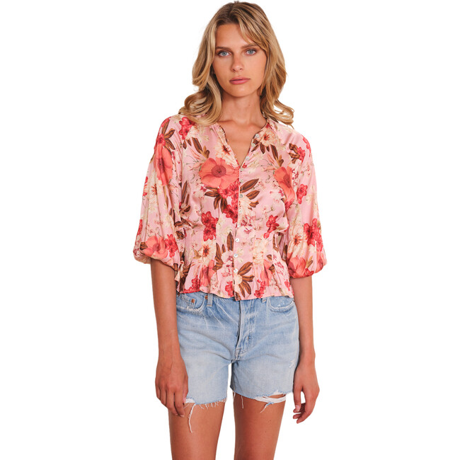 Women's Largo Romance Floral Print V-Neck Balloon Sleeve Top, Pink & Red