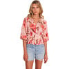 Women's Largo Romance Floral Print V-Neck Balloon Sleeve Top, Pink & Red - Blouses - 1 - thumbnail