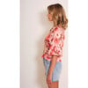 Women's Largo Romance Floral Print V-Neck Balloon Sleeve Top, Pink & Red - Blouses - 2