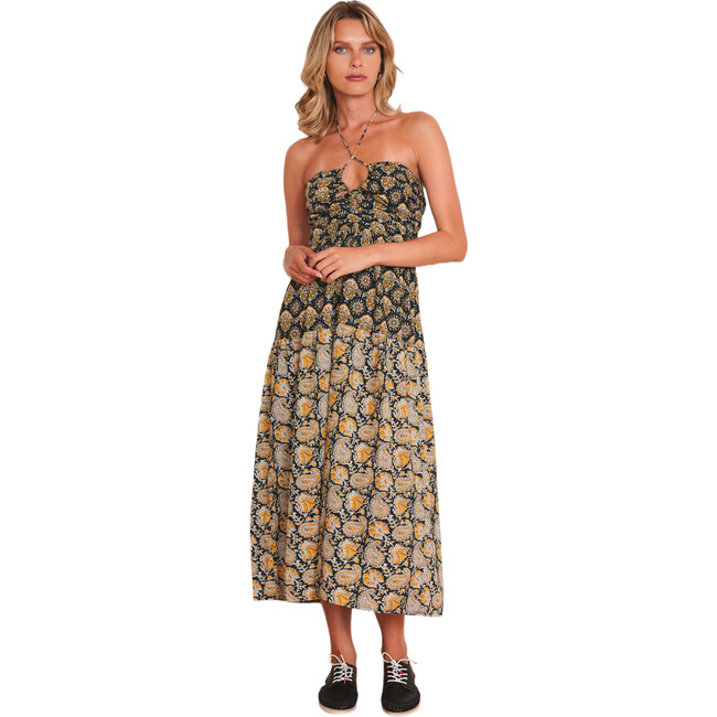 Women's Chienti Print Halter Neck Tea-Length Dress, Black & Gold