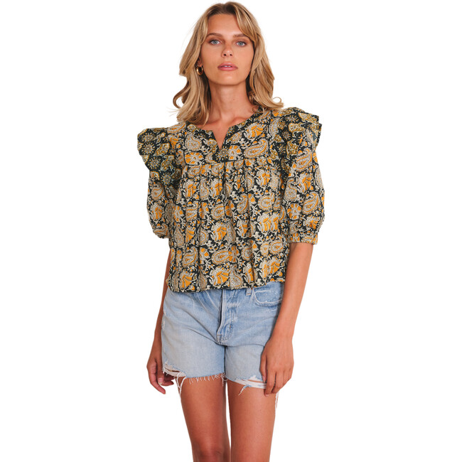 Women's Janice Print V-Neck 3-Quarter Sleeve Ruffle Top, Black & Gold