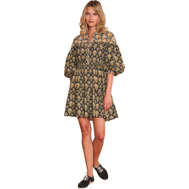 Women's Atri Print Lantern Sleeve Cinched Waist Dress, Black & Gold