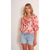 Women's Largo Romance Floral Print V-Neck Balloon Sleeve Top, Pink & Red - Blouses - 5