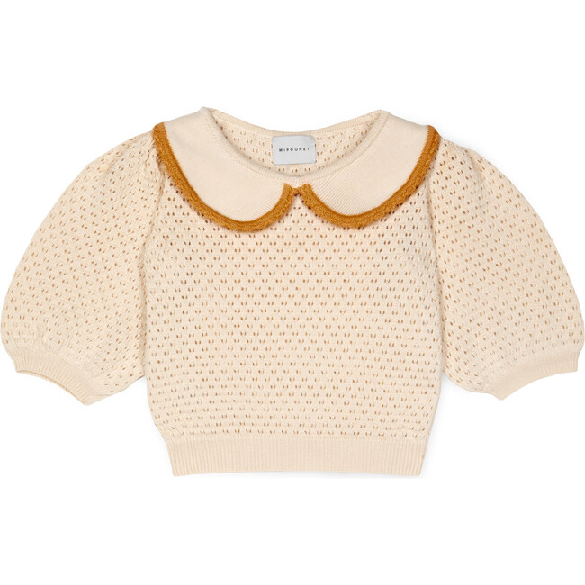 Carola Collared Openwork Sweater, Cream & Caramel