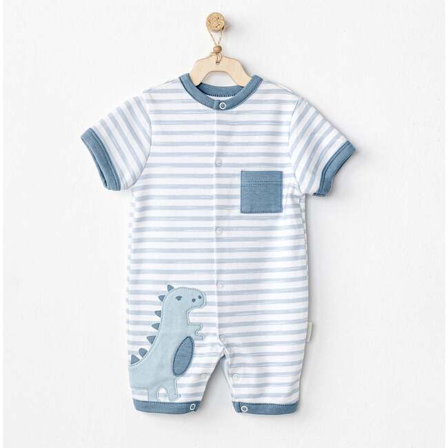 Striped Dinosaur Pocket Romper, Blue - Onesies - 2