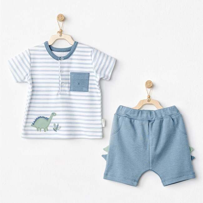 Striped Dinosaur Pocket Outfit, White - Mixed Apparel Set - 2