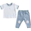 Striped Dinosaur Outfit, Blue - Mixed Apparel Set - 1 - thumbnail