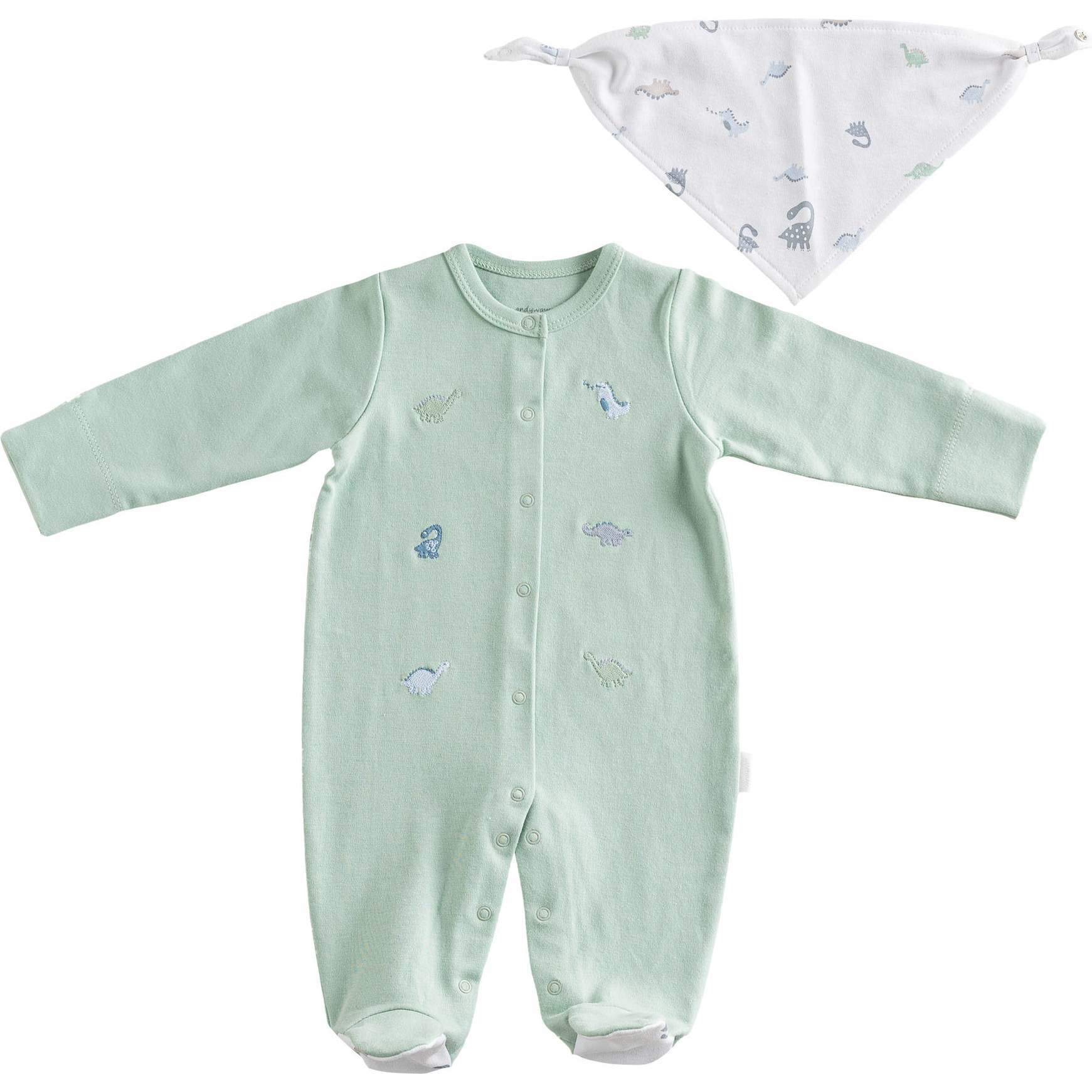 Dinosaur Print Babygrow & Bib, Green - Onesies - 1