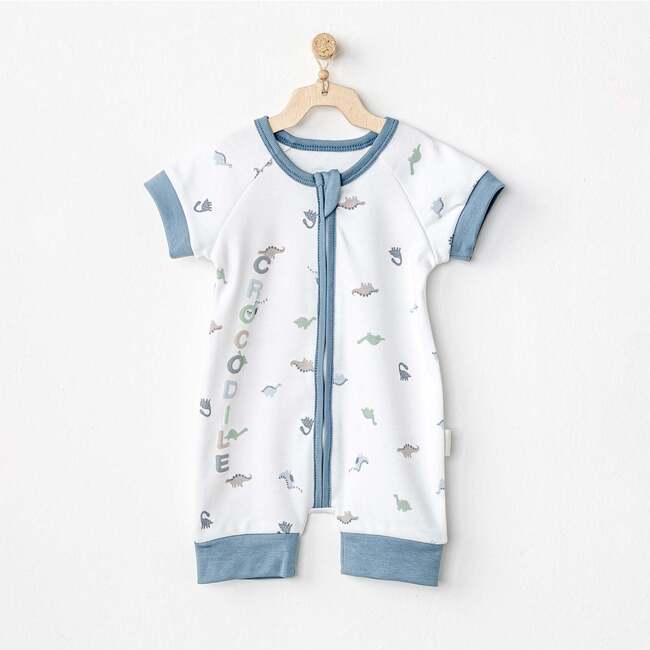 Dinosaur Print Zip Up Romper, White - Onesies - 2