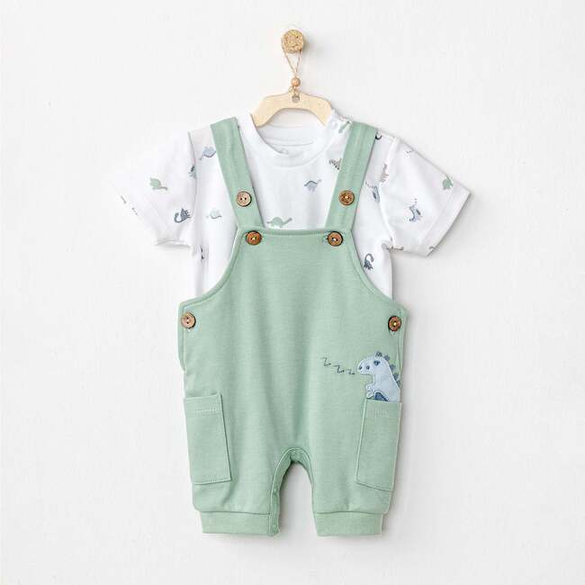 Dinosaur Print Overalls Outfit, Green - Overalls - 2