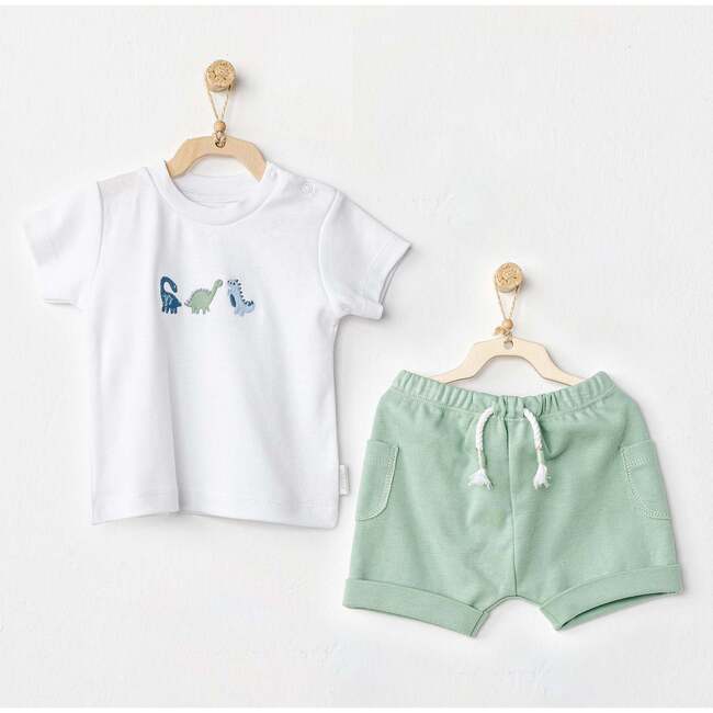 Dinosaur Graphic Summer Outfit, White - Mixed Apparel Set - 2