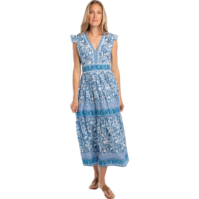 Women's Celine V-Neck Picot Trim Waist Midi Dress, Blue Paisley