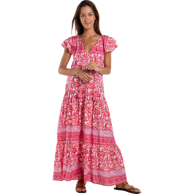 Women's Anabella V-Neck Short Sleeve Maxi Dress, Pink Paisley - Dresses - 1