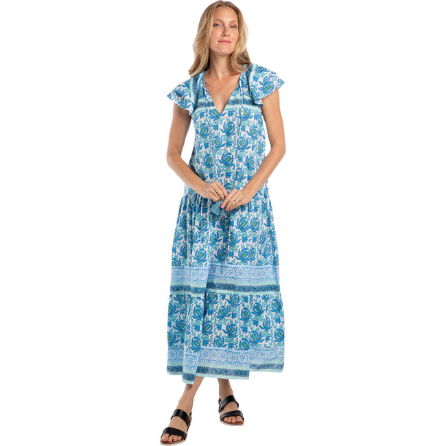 Women's Anabella V-Neck Short Sleeve Maxi Dress, Blue Garden