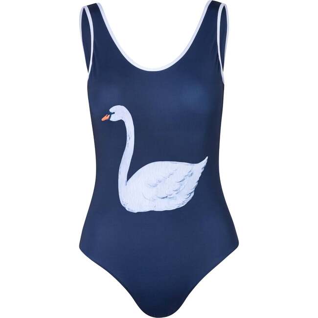 Acacia Swan Print Mid-Front Neck One-Piece Swimsuit, Navy - One Pieces - 1