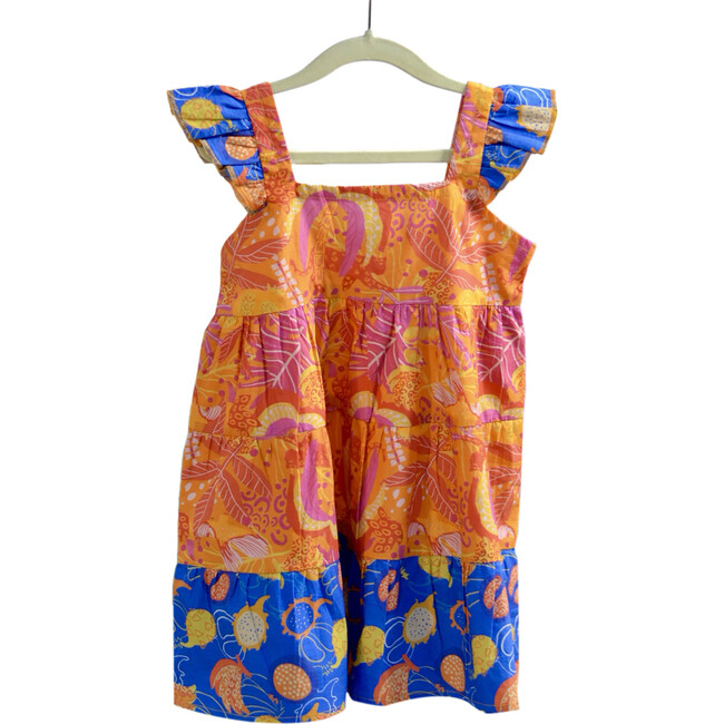 Tango Tropics Print Tiered Dress, Orange & Blue