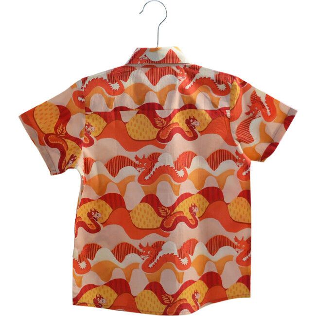 Sunset Dragon Print Cotton Casual Shirt, Red - Button Downs - 2