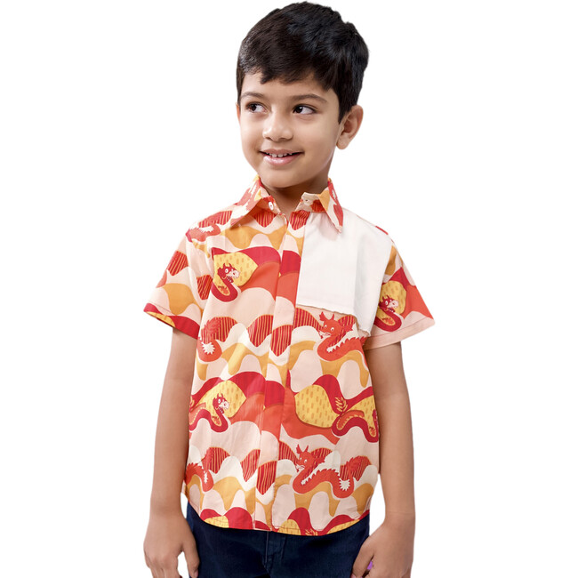 Sunset Dragon Print Cotton Casual Shirt, Red - Button Downs - 6