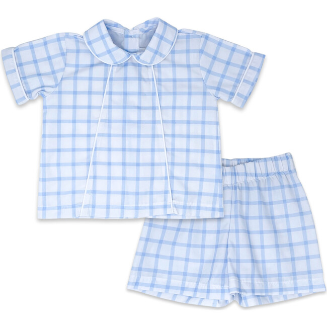 Adam Windowpane Shirt & Short Set, Whales Blue