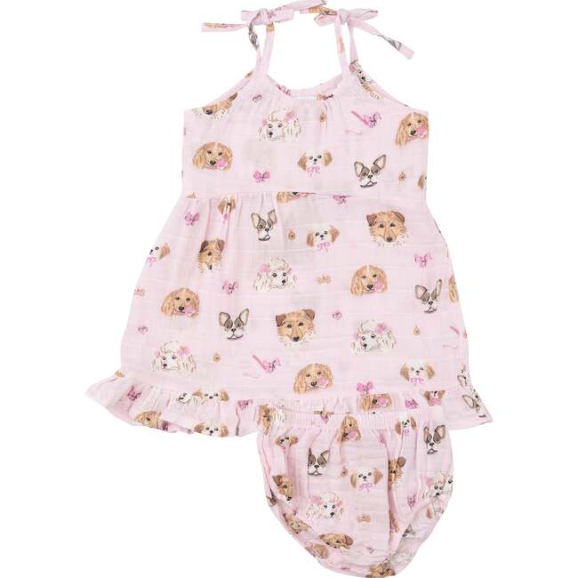 Pretty Puppy Faces Twirly Tank Dress + Diaper Cover, Pink