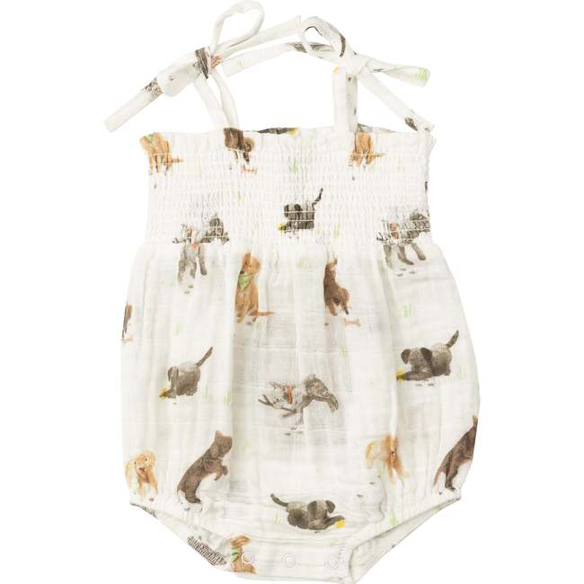 Watercolor Puppies Tie Strap Smocked Bubble, Ivory
