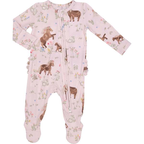 Milkbarn Pink Horse Ruffled Zipper Footie