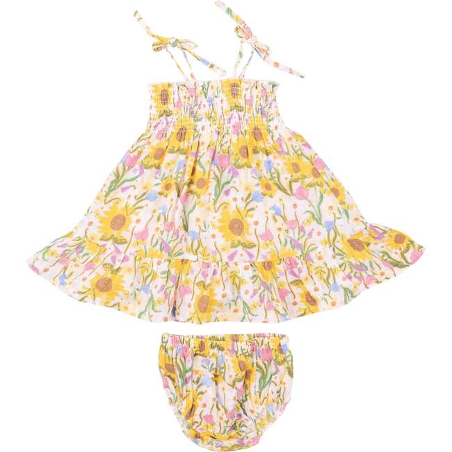Sunflower Dream Floral Tie Strap Smocked Sun Dresss Diaper Cover, Yellow