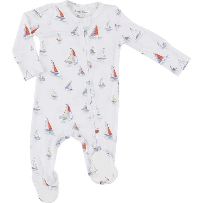 Sketchy Sailboats 2 Way Zipper Footie, White
