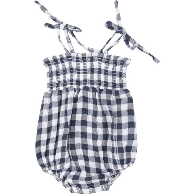 Gingham Navy Tie Strap Smocked Bubble, Navy