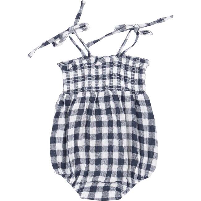 Gingham Navy Tie Strap Smocked Bubble, Navy - Rompers - 2