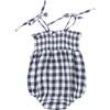 Gingham Navy Tie Strap Smocked Bubble, Navy - Rompers - 2