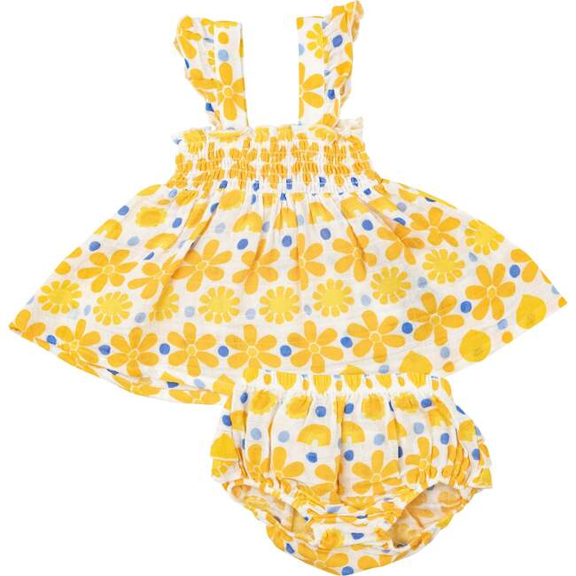 Sunny Lemon Geo Ruffle Strap Smocked Top + Diaper Cover, Yellow