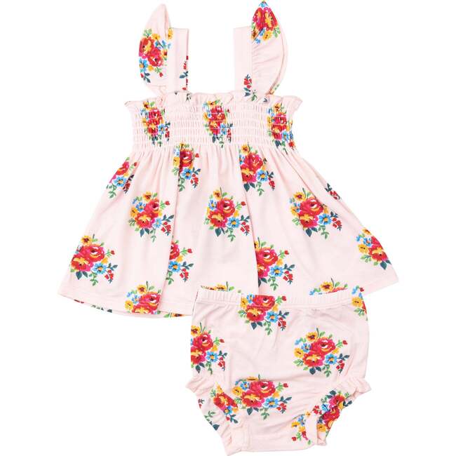 Pretty Bouquets Ruffle Strap Smocked Top + Diaper Cover, Pink
