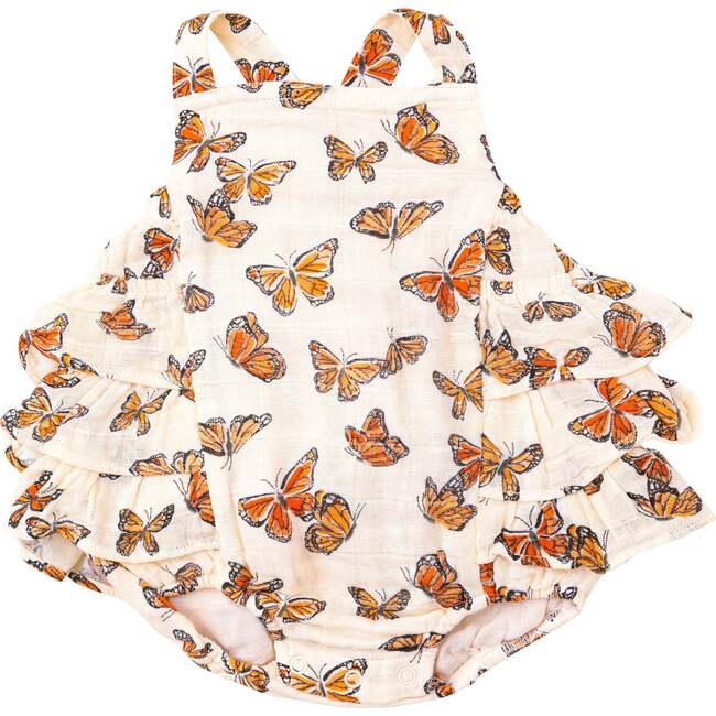 Painted Monarch Butterflies Ruffle Sunsuit, Orange