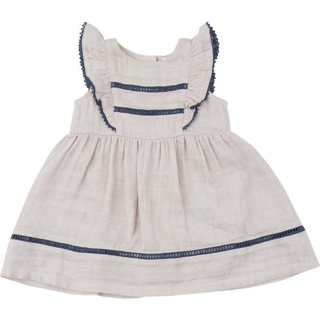 Oatmeal Solid Muslin Ruffle Dress With Trim, Taupe