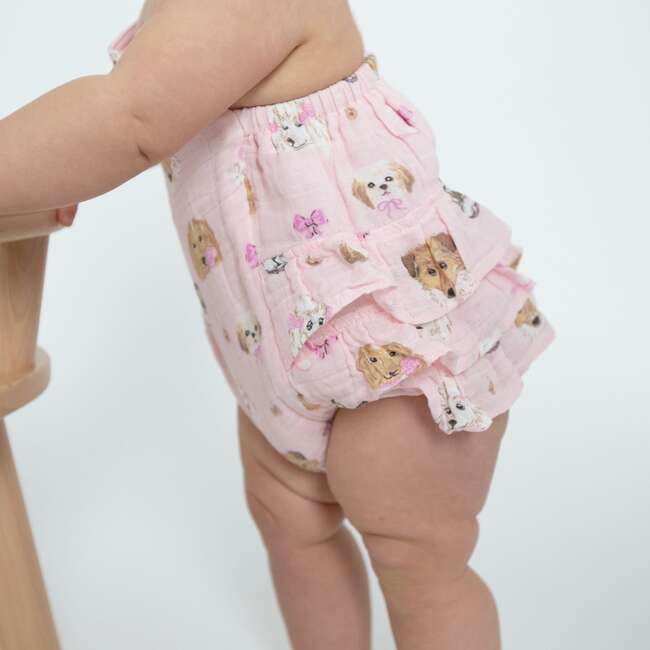 Pretty Puppy Faces Ruffle Sunsuit, Pink - Rompers - 3