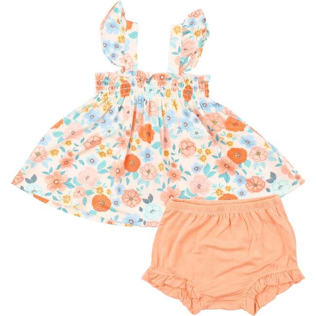 Flower Cart Ruffle Strap Smocked Top + Diaper Cover, Orange