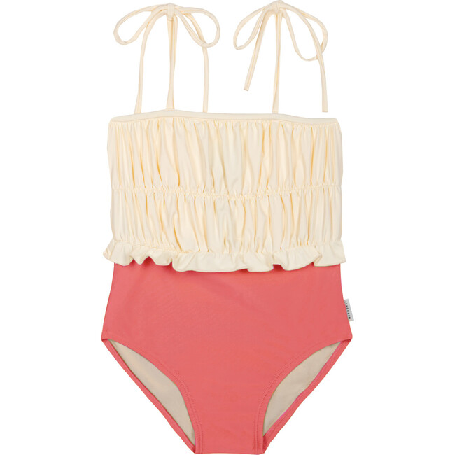 Julieta Block Color Swimsuit, Ecru & Coral