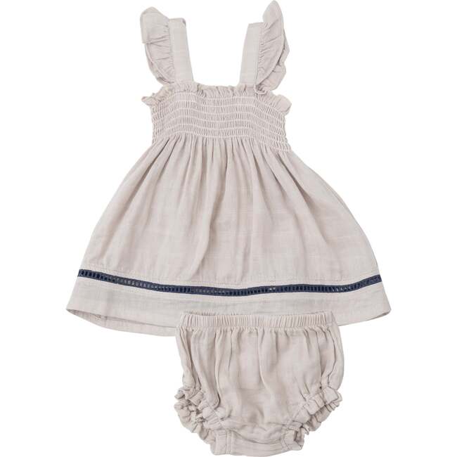 Oatmeal Solid Muslin Ruffle Strap Smocked Top + Diaper Cover With Trim, Taupe