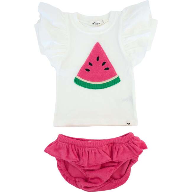 Watermelon Terry Applique Butterfly Sleeve Tee Tushie Set, Watermelon
