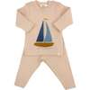 Denim Sailboat Terry Applique Two Piece Set, Almond - Mixed Apparel Set - 1 - thumbnail