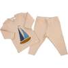 Denim Sailboat Terry Applique Two Piece Set, Almond - Mixed Apparel Set - 2