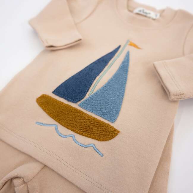 Denim Sailboat Terry Applique Two Piece Set, Almond - Mixed Apparel Set - 3