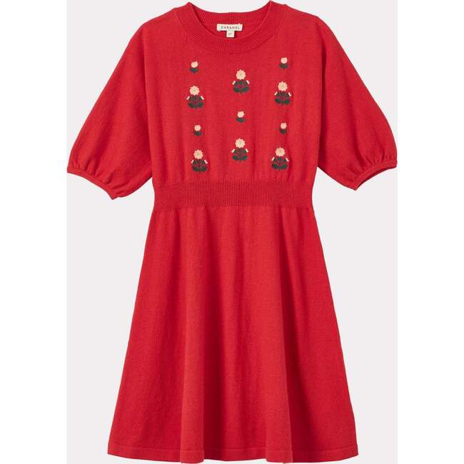 Soybean Floral Embroidered Dress, Tomato