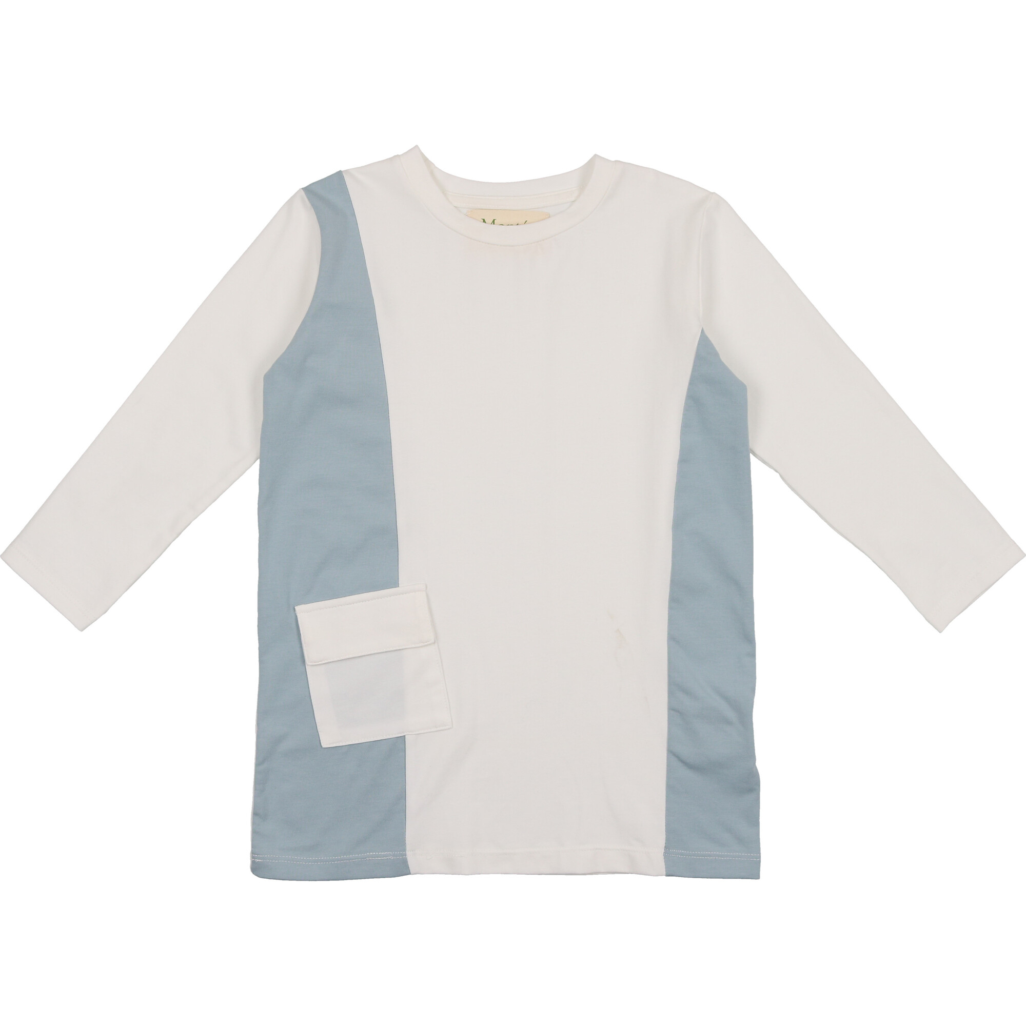 Colorblock Pocket 3-Quarter Sleeves Tee, White & Denim Blue - Shirts - 1
