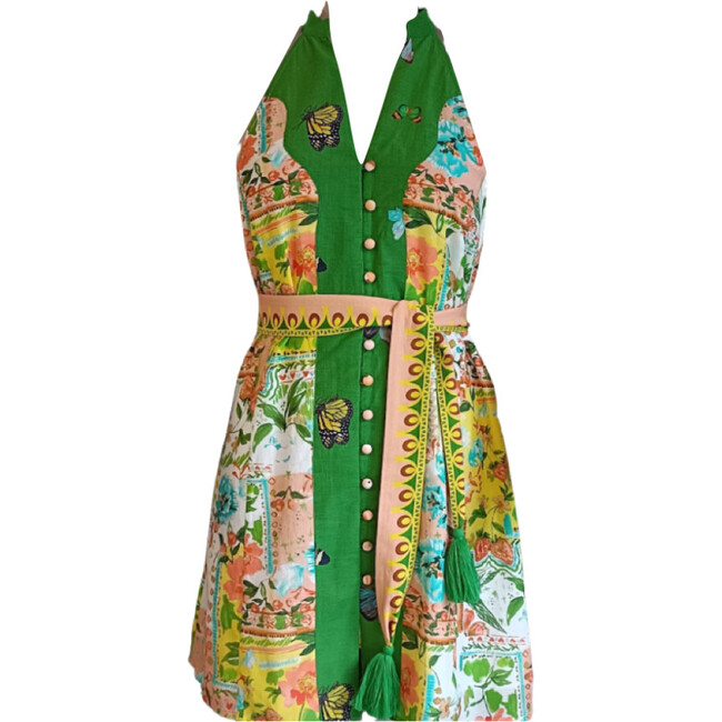 Women's Etta Print Dress V-Neck Sleeveless Tie-Belt Button Down Dress, Butterfly