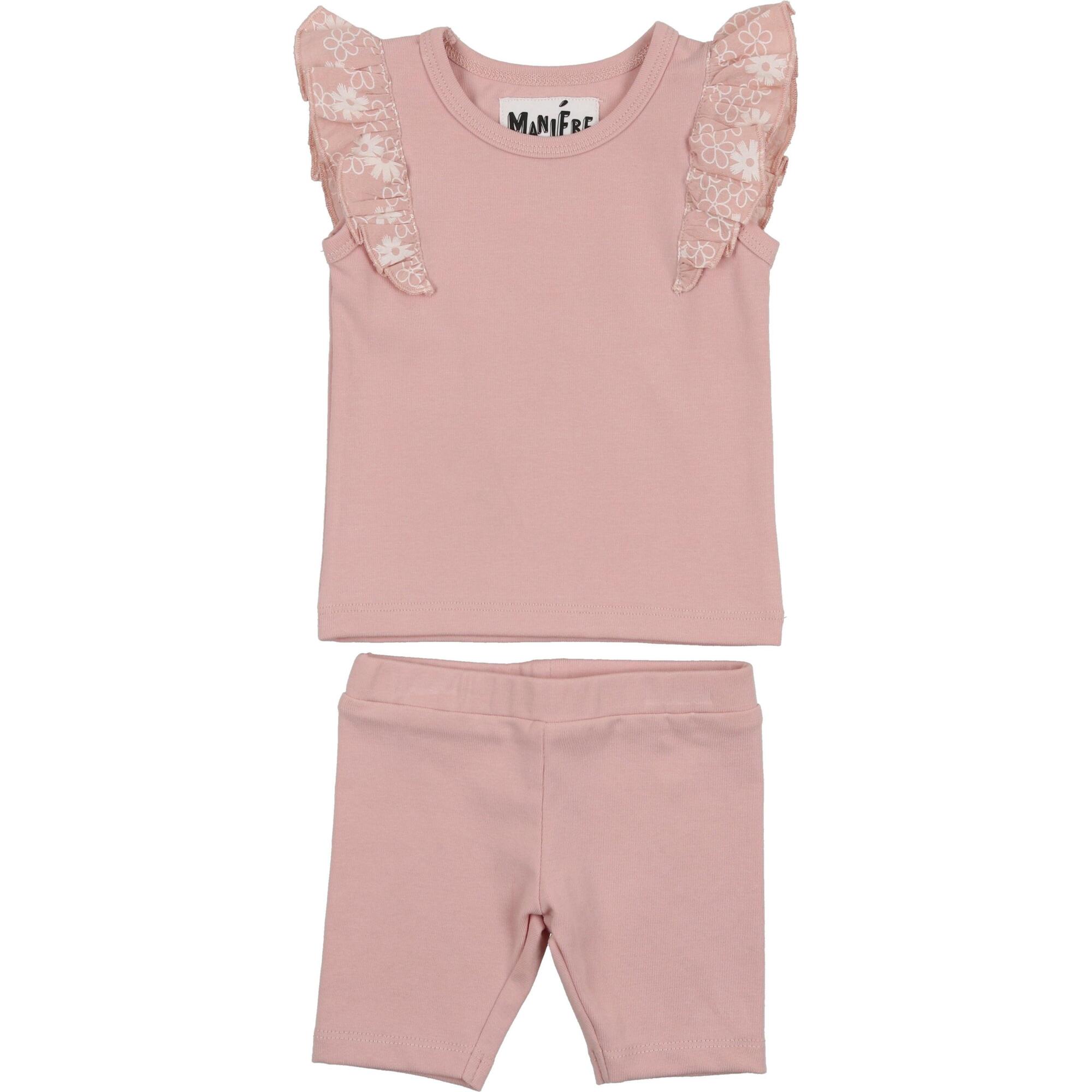 S22 Shoulder Ruffle Top & Short Set, Mauve - Mixed Apparel Set - 1